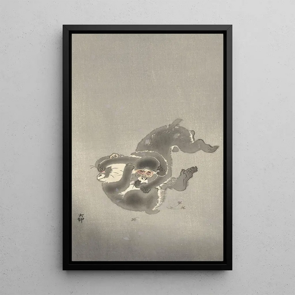 Dos monos jugando - Ohara Koson — cuadro enmarcado en la pared