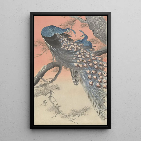 Dos pavos reales en una rama de árbol - Ohara Koson — cuadro enmarcado en la pared