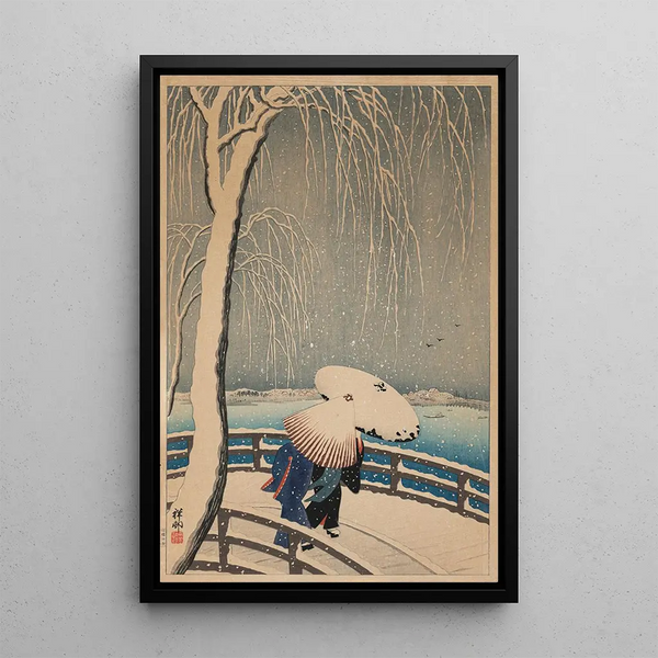 Parapluies dans la neige - Ohara Koson — cuadro enmarcado en la pared