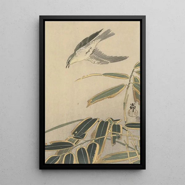 Traquet con bambú - Ohara Koson — cuadro enmarcado en la pared