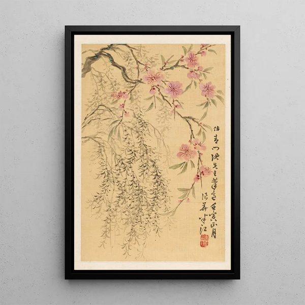 Flores de durazno y sauces - Okada Hankō — cuadro enmarcado en la pared
