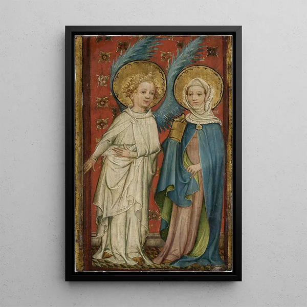 L'Ange y María Magdalena en la sepultura - Maestro antiguo de las puertas del armario de Aix-la-Chapelle — cuadro enmarcado en la pared