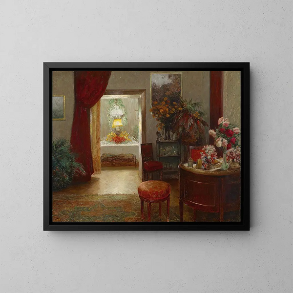 interior con una mesa puesta para una fiesta - Olga Wisinger-Florian — cuadro enmarcado en la pared