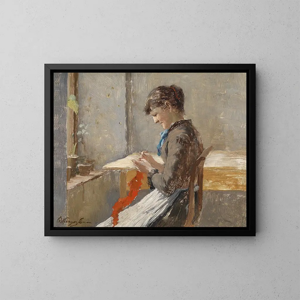 Mujer tejiendo en la ventana - Olga Wisinger-Florian — cuadro enmarcado en la pared