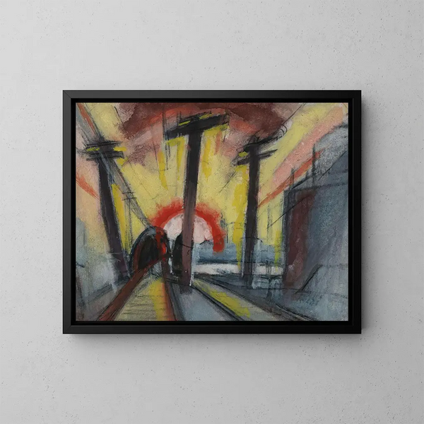 Paisaje urbano con vías férreas y el sol - Oscar Bluemner — cuadro enmarcado en la pared