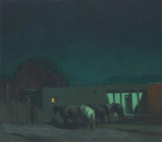 Oscar Edmund Berninghaus - Horses by Adobe Building Moonlight.webp