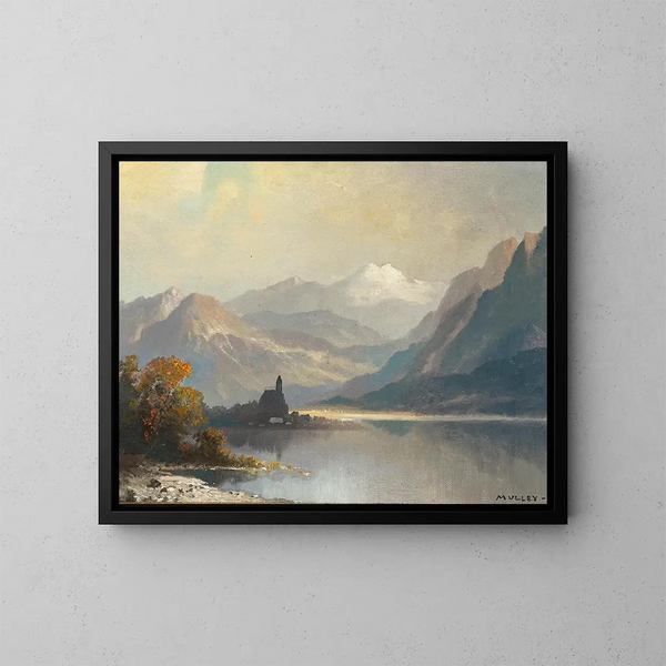 Un lago de montaña con una capilla - Oskar Mulley — cuadro enmarcado en la pared