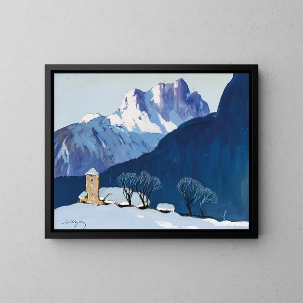 Paisaje de invierno frente a una cadena montañosa - Oskar Mulley — cuadro enmarcado en la pared