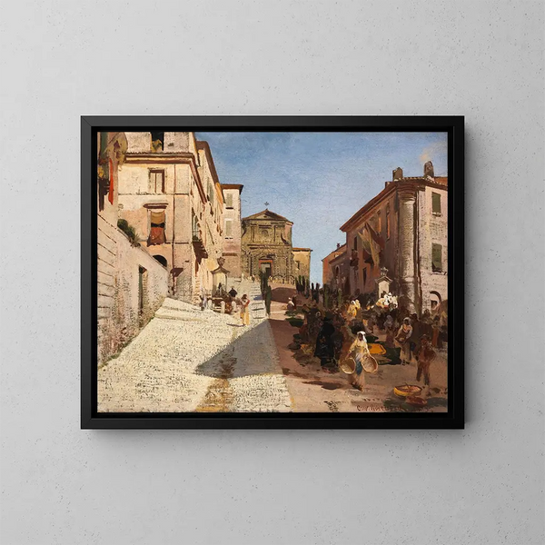 Vista de Genzano con la iglesia Santa Maria della Cima - Oswald Achenbach — cuadro enmarcado en la pared