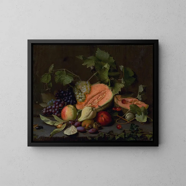 Still life with melons and grapes - Otto Didrik Ottesen — framed artwork on a wall
