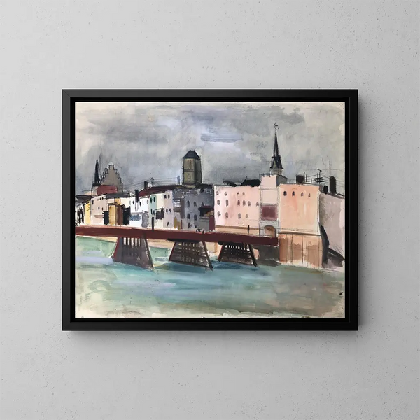 Wasserburg am Inn vista desde el agua con el puente del Inn - Otto Geigenberger — cuadro enmarcado en la pared