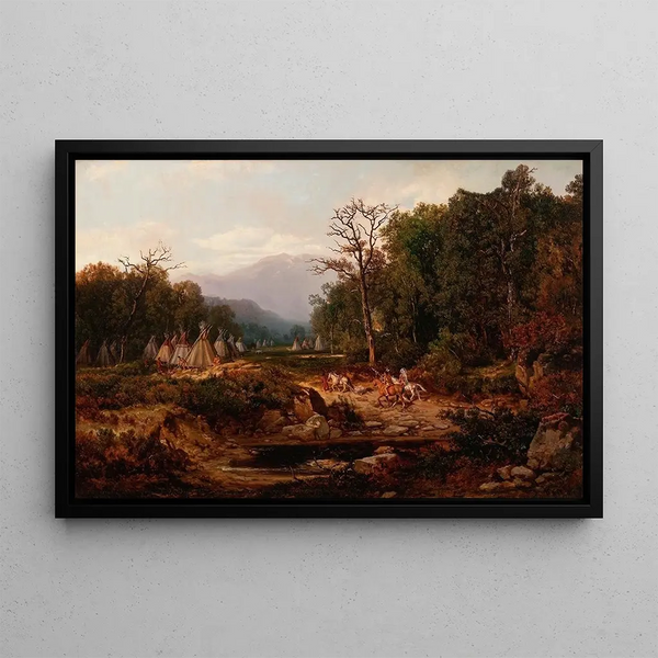 Indian encampment painting - Otto Reinhold Jacobi — framed artwork on a wall