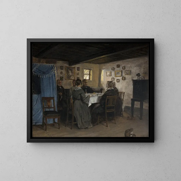 Los amigos y la familia de los artistas sentados alrededor de una mesa en Vejby, en Zelanda del Norte - P. C. Skovgaard — cuadro enmarcado en la pared