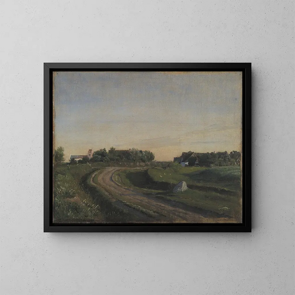 Vejby con la iglesia vista desde el norte, luz de la tarde, Zelanda - P. C. Skovgaard — cuadro enmarcado en la pared