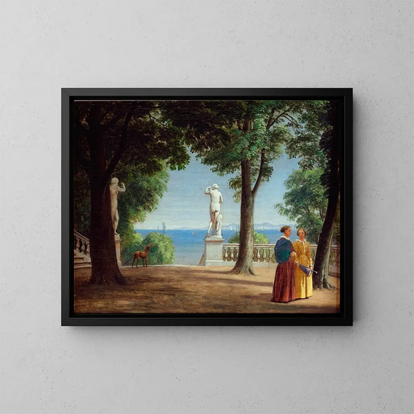 Tableau Vista hacia Kullen desde una terraza de jardín con estatuas - P. C. Skovgaard — cuadro enmarcado en la pared