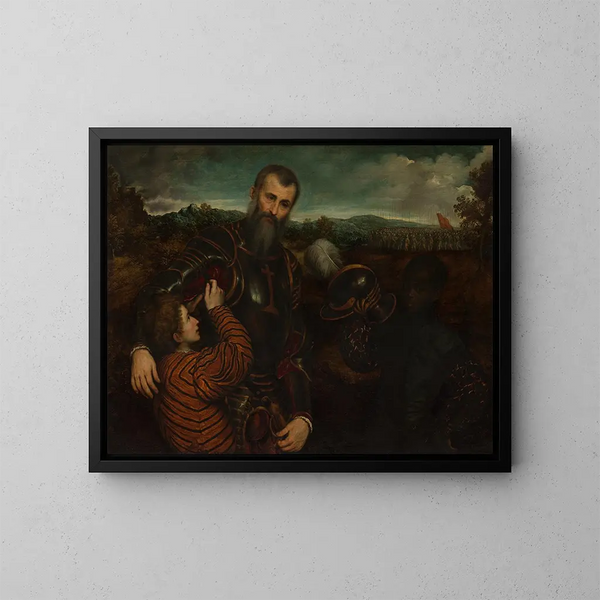 Retrato de un hombre con armadura con dos páginas - París Bordone — cuadro enmarcado en la pared