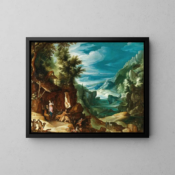 Paisaje con la Tentación de san Antonio - Paul Bril — cuadro enmarcado en la pared