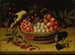 Nature morte avec des cerises, des prunes, des framboises et d'autres fruits dans un panier avec un oiseau jaune - Paul Dorival — artwork view