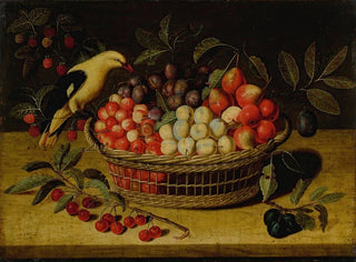 Nature morte avec des cerises, des prunes, des framboises et d'autres fruits dans un panier avec un oiseau jaune - Paul Dorival — artwork view