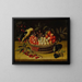 Nature morte avec des cerises, des prunes, des framboises et d'autres fruits dans un panier avec un oiseau jaune - Paul Dorival — framed artwork on a wall