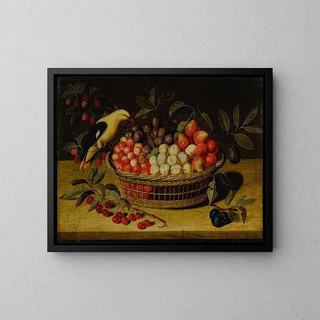 Nature morte avec des cerises, des prunes, des framboises et d'autres fruits dans un panier avec un oiseau jaune - Paul Dorival — framed artwork on a wall
