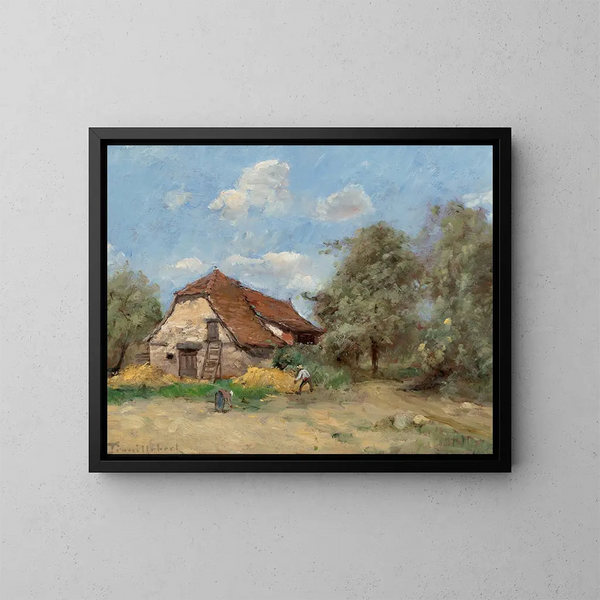 El segador cerca de la granja - Paul Désiré Trouillebert — cuadro enmarcado en la pared