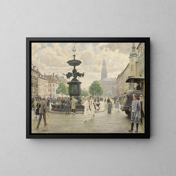 La plaza animada de Amager en Copenhague - Paul Fischer — cuadro enmarcado en la pared