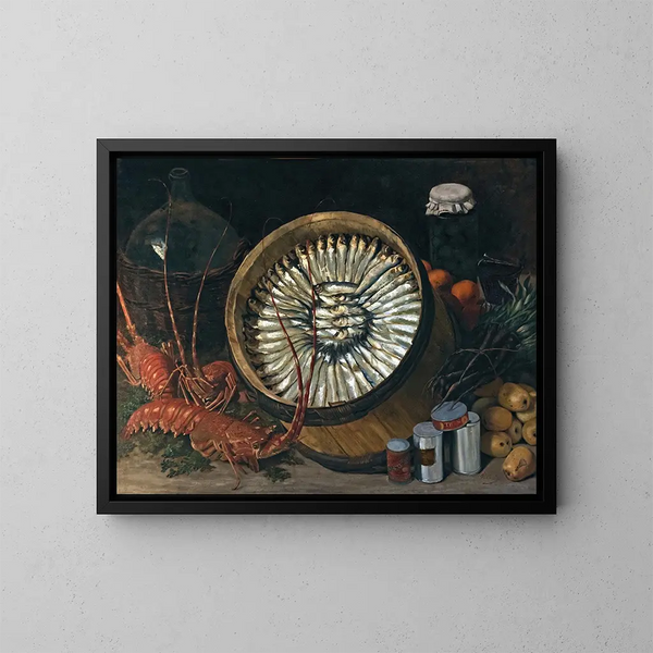 Still life with a barrel of sardines - Paul Prouho — framed artwork on a wall