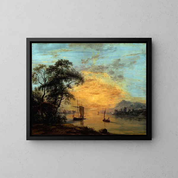 Un paisaje fluvial al atardecer galés - Paul Sandby — cuadro enmarcado en la pared