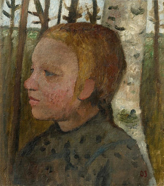 Paula ModersohnBecker - Brustbild eines Mdchens nach links vor Birken.webp