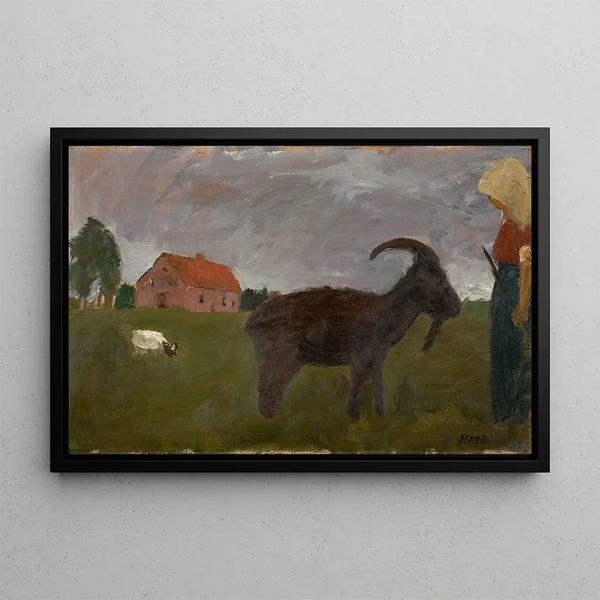 Paisaje campesino con dos cabras frente a la granja - Paula Modersohn-Becker — cuadro enmarcado en la pared