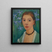 Self-portrait against a green background with a blue iris - Paula Modersohn-Becker — framed artwork on a wall