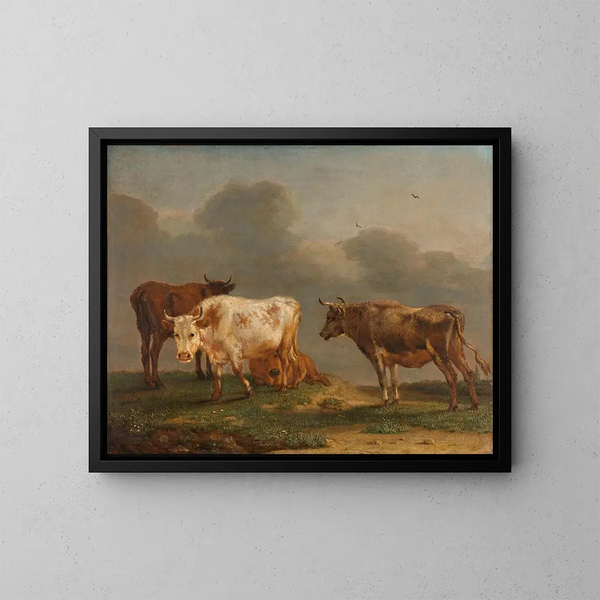 Cuatro jóvenes toros en un prado - Paulus Potter — cuadro enmarcado en la pared
