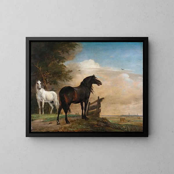 Dos caballos en un prado cerca de una puerta - Paulus Potter — cuadro enmarcado en la pared