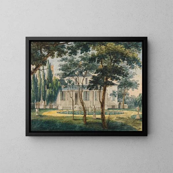 Un residencia de campo, quizás la casa de campo del general Moreau en Morrisville, Pensilvania - Pavel Petrovich Svinin — cuadro enmarcado en la pared