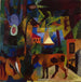 Paisaje con vacas, un velero y figuras - August Macke — presentado en un interior