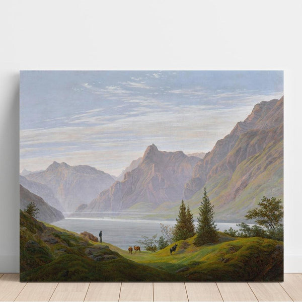 Reproducción del cuadro Paisaje con lago de montaña, mañana - Caspar David Friedrich