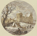 Paisaje de invierno frente a la pared de la ciudad sobre el puente con un trineo de madera - Jacob Cats — presentado en un interior