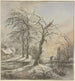 Winter Landscape Painting, a traveler crossing a stream on a bridge - Jan Hulswit — artwork view