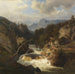 Mountain landscape painting with hunter by a turbulent river - Leonhard Rausch — displayed in an interior