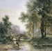 Paisaje rico en árboles con un puente de piedra sobre un río - Willem Roelofs — presentado en un interior