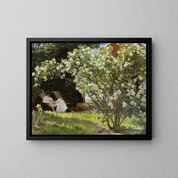 de Rosas de Marie Kryer sentada en la tumbona en el jardín de la casa de la Sra. Bendsen - Peder Severin Krøyer — cuadro enmarcado en la pared