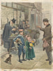 a man showing two children's toys on the sidewalk of a printing house - Pedro de Weyer — artwork view