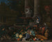 a Still life with vegetables in front of a draped overturned pedestal near an ornamental fountain - Peeter Gijsels — artwork view