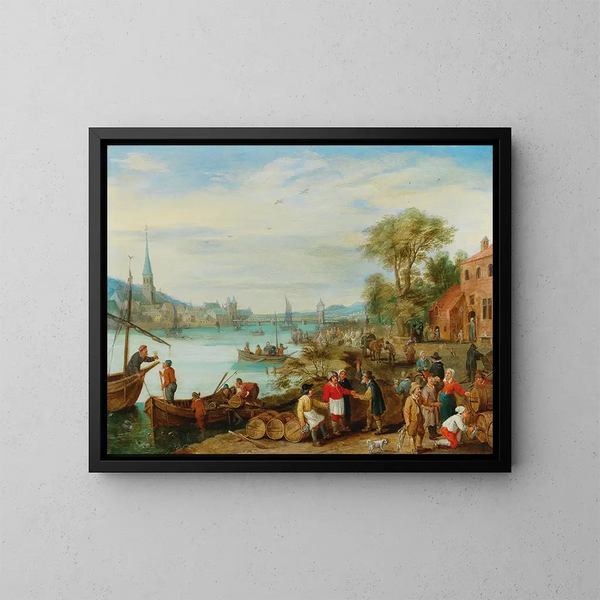 Un paisaje fluvial con una escena de puerto - Peeter Gijsels — cuadro enmarcado en la pared