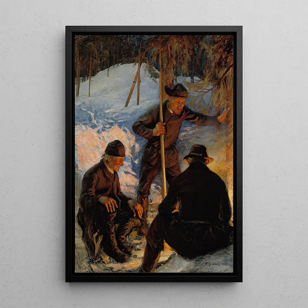 Leñadores alrededor de una fogata - Pekka Halonen — cuadro enmarcado en la pared