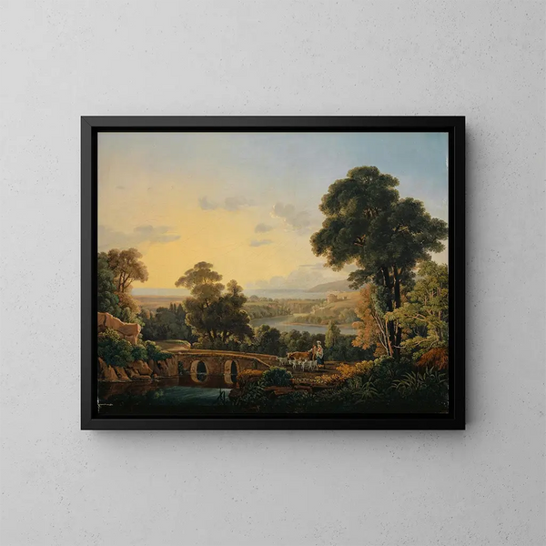 Paisaje ondulado con río y puente - Peter Birmann — cuadro enmarcado en la pared