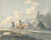 Composición de dos viajeros y un perro en un camino que pasa frente a cabañas con ruinas en una colina - Peter La Cave — vista de la obra