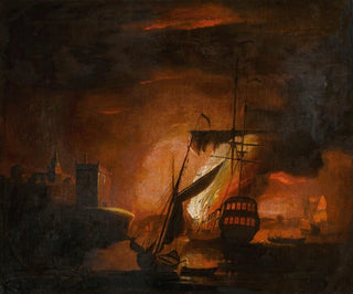 Peter Monamy - A ship on fire at night.webp