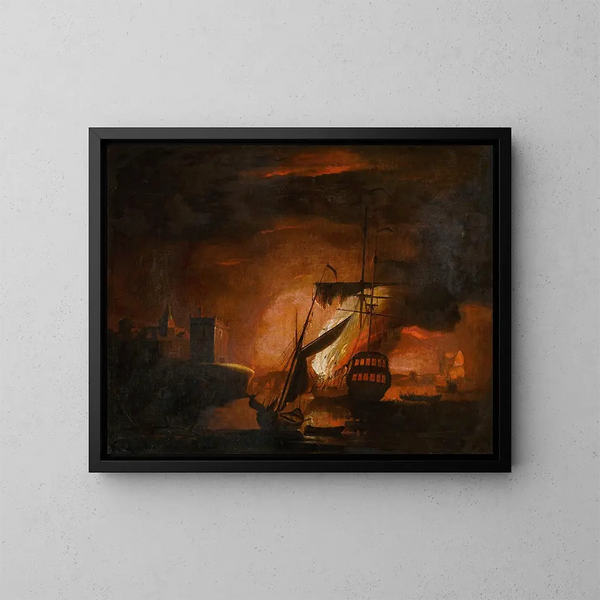 Un navire en feu la nuit - Peter Monamy — cuadro enmarcado en la pared